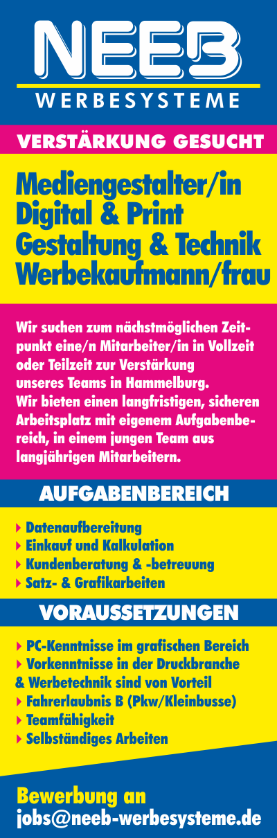 Mediengestalter Werbetechniker gesucht - Jobbörse Neeb Werbesysteme
